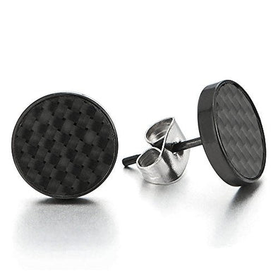 8-10MM Mens Black Circle Stud Earrings Stainless Steel with Carbon Fiber, 2pcs - coolsteelandbeyond