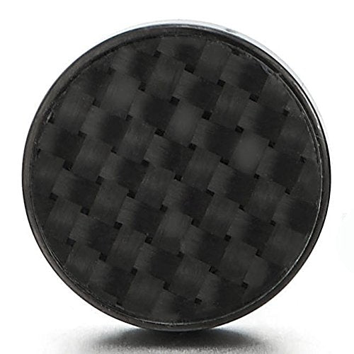 8-10MM Mens Black Circle Stud Earrings Stainless Steel with Carbon Fiber, 2pcs - coolsteelandbeyond