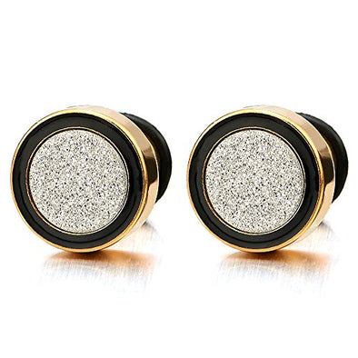8-12MM Men Women Gold Black Stud Earring Steel Illusion Tunnel Plug with Silver Sand Glitter, 2pcs - coolsteelandbeyond