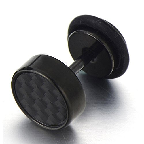 8-12MM Mens Black Stud Earrings Stainless Steel Illusion Tunnel Plug Screw Back with Carbon Fiber, 2pcs - coolsteelandbeyond