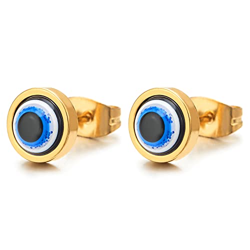 8MM Gold Color Dome Circle Stud Earrings with White Blue Evil Eye, Men Women, Stainless Steel, 2pcs - COOLSTEELANDBEYOND Jewelry