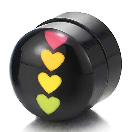 8MM Magnetic Black Circle Stud Earring with Line of Colorful Hearts, Non-Piercing Clip On Fake Ear - COOLSTEELANDBEYOND Jewelry