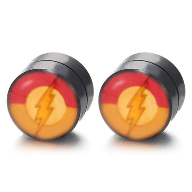 8MM Men Women Magnetic Black Circle Stud Earrings with Yellow Red Lightning, Non-Piercing Clip On - coolsteelandbeyond
