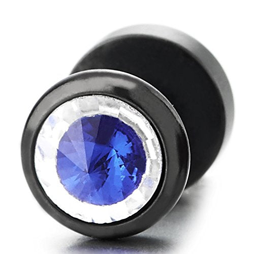 8MM Mens Womens Black Circle Stud Earrings with Blue Spiked Gem Stone, Cheater Fake Ear Plugs Gauges - coolsteelandbeyond