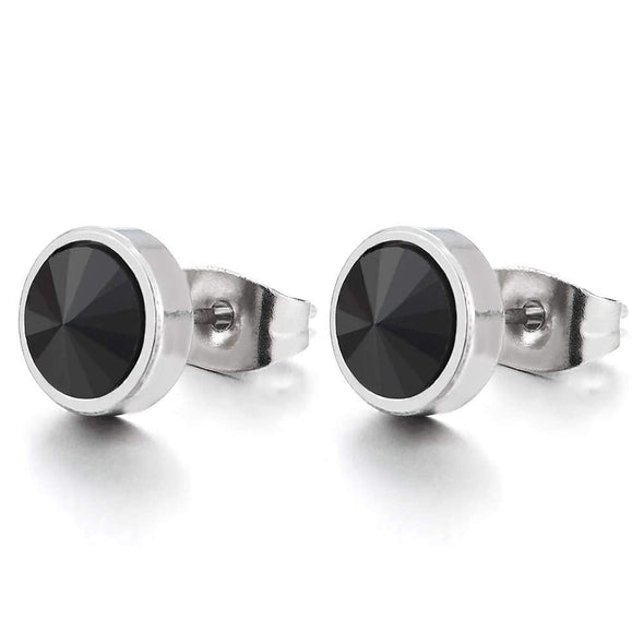 8MM Mens Womens Stainless Steel Circle Stud Earrings with Black Spiked Cubic Zirconia, 2pcs