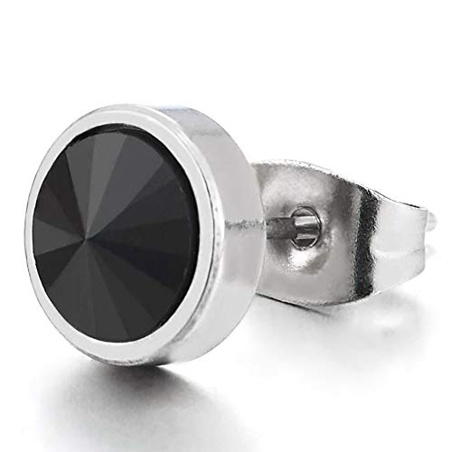 8MM Mens Womens Stainless Steel Circle Stud Earrings with Black Spiked Cubic Zirconia, 2pcs