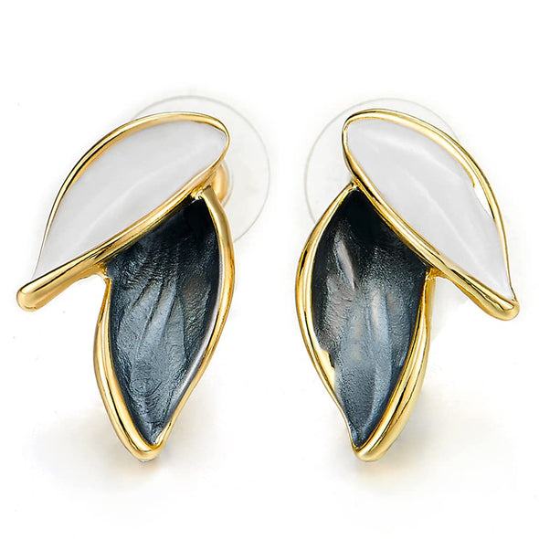 A Pair of Black White Navette Overlapping Leaves Petals Statement Stud Earrings - COOLSTEELANDBEYOND Jewelry