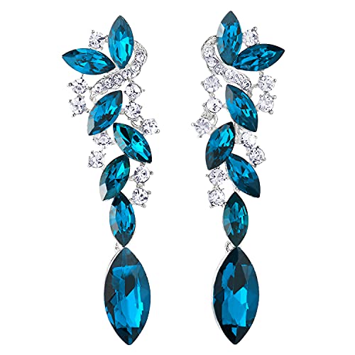 Aqua Blue Art Deco Party Prom Rhinestone Marquise Cluster Chandelier Long Dangle Statement Earrings - COOLSTEELANDBEYOND Jewelry