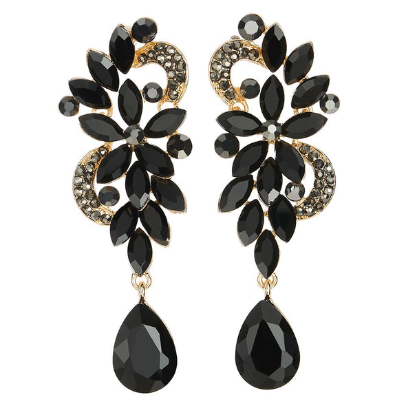 Art Deco Black Rhinestone Crystal Cluster Chandelier Floral Teardrop Long Dangle Statement Earrings - COOLSTEELANDBEYOND Jewelry