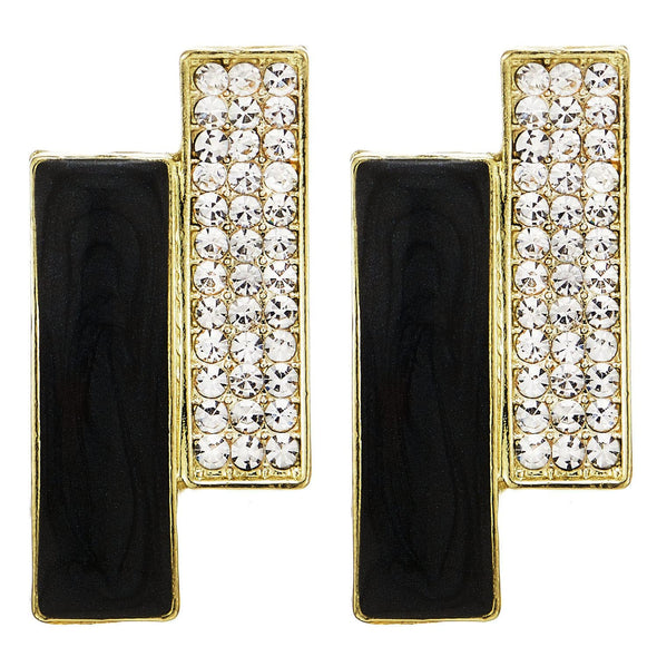 Art Deco Gold Color Rectangle Stripes Statement Stud Earrings with Rhinestones and Black Enamel