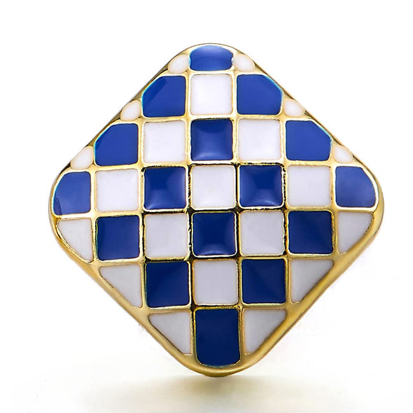 Art Deco Gold Color Square Checker Pattern Statement Stud Earrings with Blue White Enamel