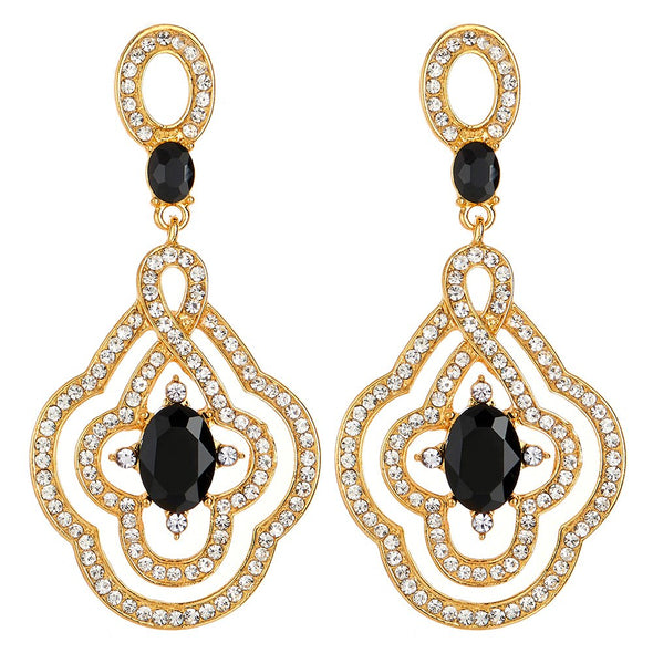 Art Deco Prom Party Dress Rhinestone Black Crystal Flower Dangle Drop Large Gold Statement Earrings - COOLSTEELANDBEYOND Jewelry