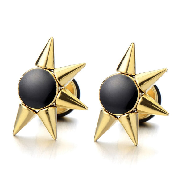 Attracting Gold Star Spike Stud Earrings for Men Women Steel with Black Enamel, Screw Back, 2 Pcs - coolsteelandbeyond