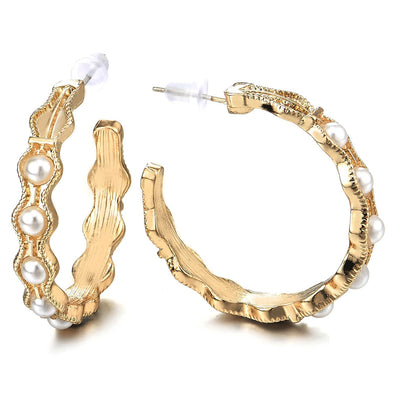 Beautiful Gold Color Circles Statement Hoop Huggie Hinged Stud Earrings with White Pearls - COOLSTEELANDBEYOND Jewelry