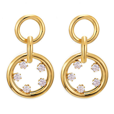 Beautiful Gold Color Links of Circles Drop Dangle Stud Earrings with Rhinestones Three - COOLSTEELANDBEYOND Jewelry