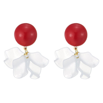 Beautiful Red Bead Statement Drop Dangle Stud Earrings with White Acrylic Irregular Petals - COOLSTEELANDBEYOND Jewelry