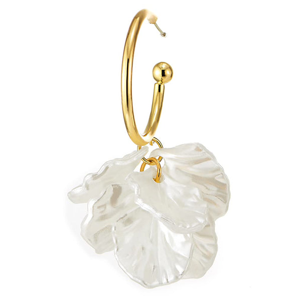 Beautiful White Petals Leaves Cluster Gold Color Hoop Huggie Hinged Stud Earrings with Crystals - COOLSTEELANDBEYOND Jewelry