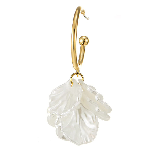 Beautiful White Petals Leaves Cluster Gold Color Hoop Huggie Hinged Stud Earrings with Crystals - COOLSTEELANDBEYOND Jewelry