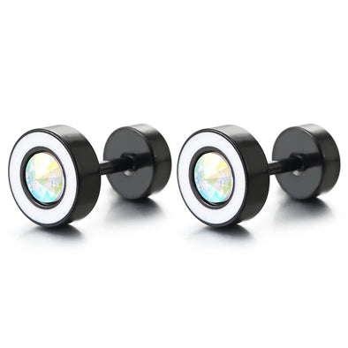 Black Circle Stud Earrings Spiked Rainbow CZ and White Enamel, Steel Cheater Fake Plugs Gauges - COOLSTEELANDBEYOND Jewelry