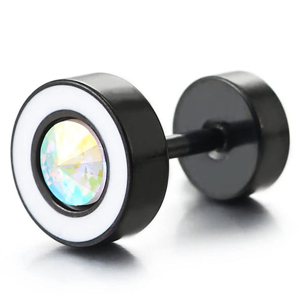 Black Circle Stud Earrings Spiked Rainbow CZ and White Enamel, Steel Cheater Fake Plugs Gauges - COOLSTEELANDBEYOND Jewelry