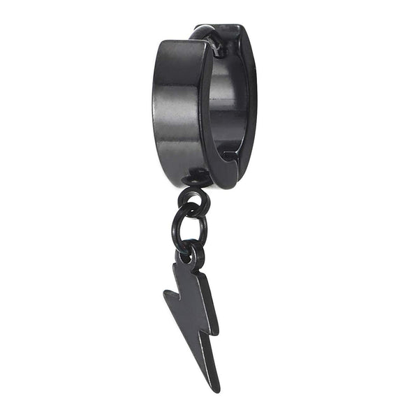 Black Dangling Lightning Huggie Hinged Earrings for Men Women, Stainless Steel, 2pcs - coolsteelandbeyond