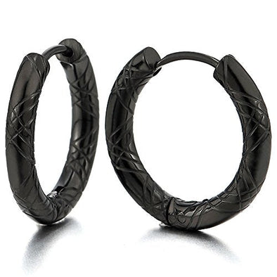 Stainless Steel Black Grooved Circle Huggie Hinged Hoop Earrings for Men Women, 2pcs - coolsteelandbeyond