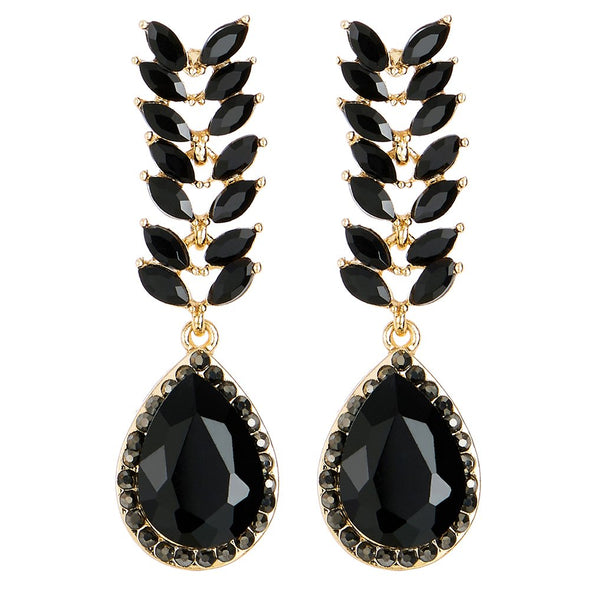 Black Rhinestone Crystal Cluster Chandelier Leaf Teardrop Dangle Statement Earring, Party Dress Prom - COOLSTEELANDBEYOND Jewelry