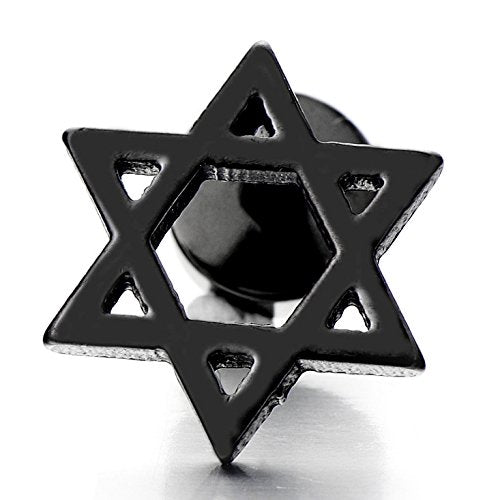 Black Star of David Mens Womens Stud Earrings Stainless Steel, Screw Back, 2 Pcs