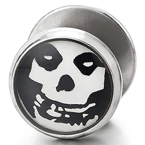 Black White Skull Circle Dome Stud Earrings Men Women, Steel Cheater Fake Ear Plugs Gauges Tunnel - COOLSTEELANDBEYOND Jewelry