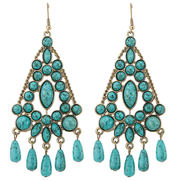 Bohemian Palace Large Dangle Earrings Colorful Rhinestone Gem Stone Turquoise Chandelier Tassel - COOLSTEELANDBEYOND Jewelry