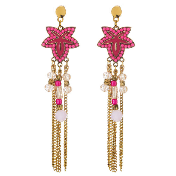 Boho Long Statement Earrings Rose Pink Enamel Gem Stone Leaf Flower Crystal Beads Chain Tassel Fringe Drop - COOLSTEELANDBEYOND Jewelry