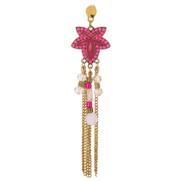 Boho Long Statement Earrings Rose Pink Enamel Gem Stone Leaf Flower Crystal Beads Chain Tassel Fringe Drop - COOLSTEELANDBEYOND Jewelry