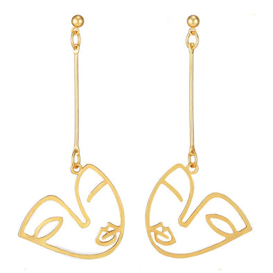 Chic Fun Gold Color Girl Face Frame Flat Long Drop Dangle Stud Earrings - COOLSTEELANDBEYOND Jewelry