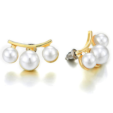 Chic Line of Three Pearls Gold Color Statement Stud Earrings - COOLSTEELANDBEYOND Jewelry