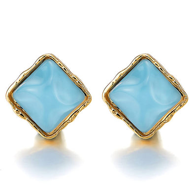 Chic Rose Gold Rhombus Stud Earrings with Aqua Blue Convex Acrylic Gem Stone - COOLSTEELANDBEYOND Jewelry