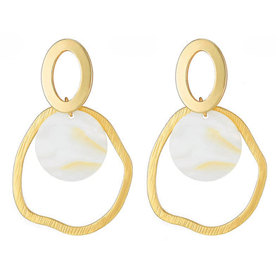 Classic Gold Color Oval Irregular Circle Drop Dangle Stud Earrings with Mother of Pearl Open - COOLSTEELANDBEYOND Jewelry