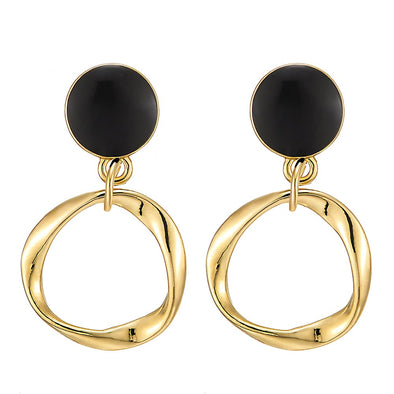 Classic Gold Color Twisted Wreath Open Circle Drop Dangle Stud Earrings with Black Enamel - COOLSTEELANDBEYOND Jewelry