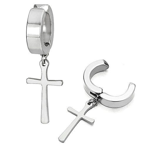 Men Women Stainless Steel Cross Dangle Hoop Clip on Earrings Piercing, Women's, Size: One size, Silver