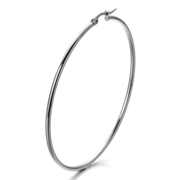 COOLSTEELANDBEYOND Pair Stainless Steel Large Plain Circle Huggie Hinged Hoop Earrings for Women Silver Color - COOLSTEELANDBEYOND Jewelry