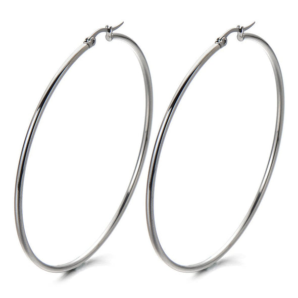 COOLSTEELANDBEYOND Pair Stainless Steel Large Plain Circle Huggie Hinged Hoop Earrings for Women Silver Color - COOLSTEELANDBEYOND Jewelry