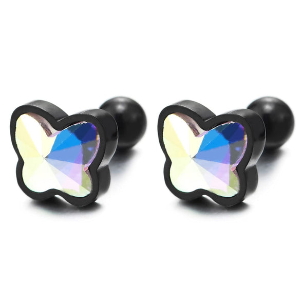 Cute Black Butterfly Stud Earrings in Stainless Steel with Rainbow Crystal, Screw Back, Unique 2 pcs - COOLSTEELANDBEYOND Jewelry