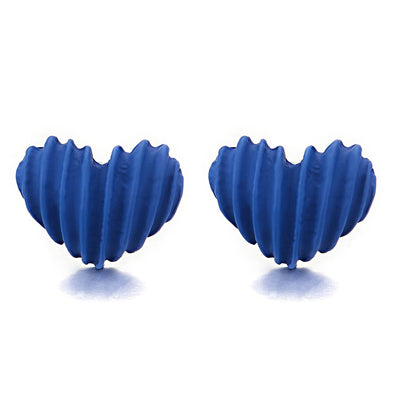 Cute Blue Grooved Heart Stud Earrings - COOLSTEELANDBEYOND Jewelry
