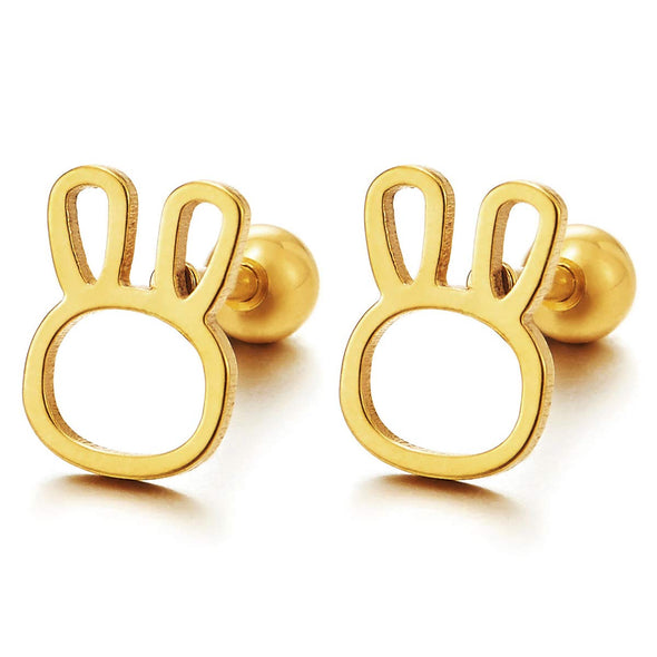 Cute Gold Color Open Rabbit Stud Earrings in Stainless Steel, Screw Back, Unique, 2 pcs - COOLSTEELANDBEYOND Jewelry