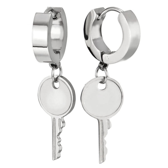 Dangling Key Huggie Hinged Hoop Earrings for Men Women, Stainless Steel, 2pcs - COOLSTEELANDBEYOND Jewelry