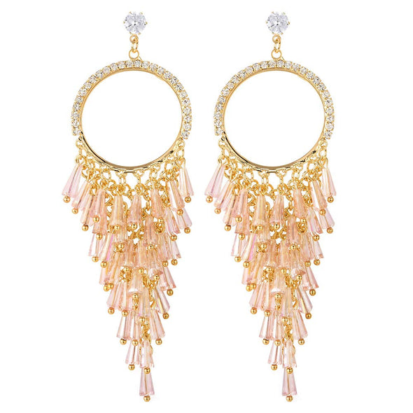 Dazzle Dress Prom Pink Crystal Rhinestone Cluster Grapes Tassel Large Circle Long Statement Earrings - COOLSTEELANDBEYOND Jewelry