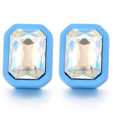 Dazzling Blue Rectangle Statement Stud Earrings with Crystals Wedding Bridal Party - COOLSTEELANDBEYOND Jewelry