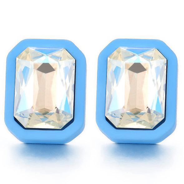 Dazzling Blue Rectangle Statement Stud Earrings with Crystals Wedding Bridal Party