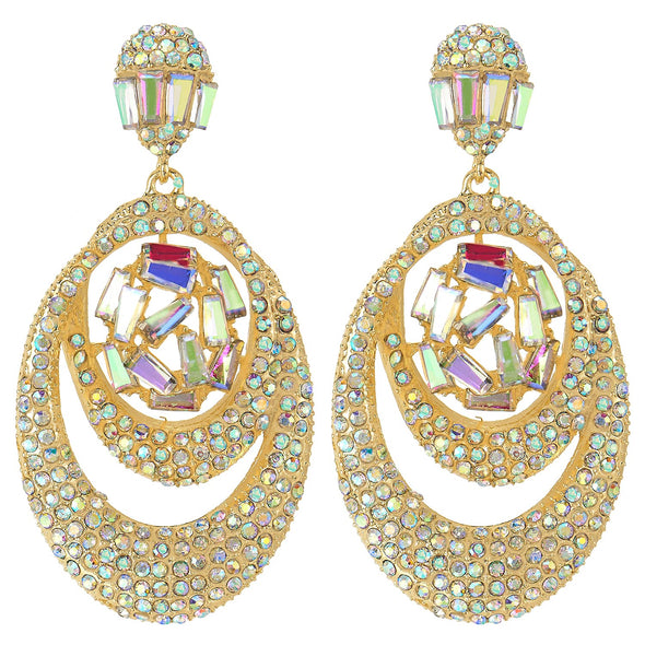 Dress Rainbow Rhinestone Trapezium Crystal Interlocking Oval Large Dangle Statement Gold Earrings