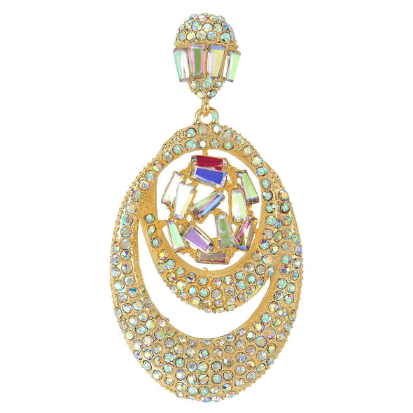 Dress Rainbow Rhinestone Trapezium Crystal Interlocking Oval Large Dangle Statement Gold Earrings