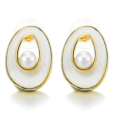 Elegant Gold Color Oval Stud Earrings with Enamel and Pearl - COOLSTEELANDBEYOND Jewelry